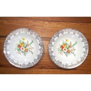 2 Vintage Edwin Knowles Floral Fruit Dessert Bowls beige orange Brown gold 1930s